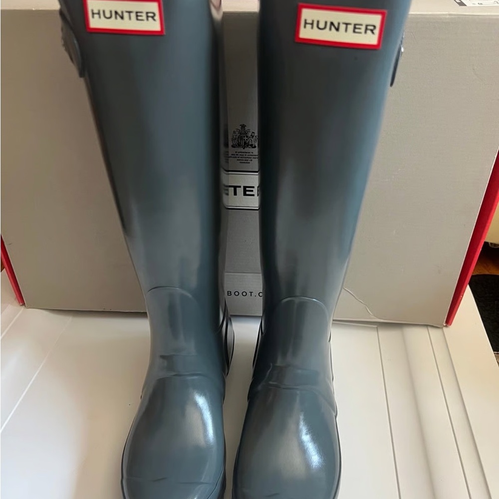Hunter Slate Blue Tall Boots (+ Cream Knit Insert Socks - removable)